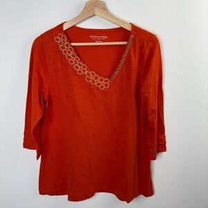 Soft Surroundings Red Beaded Tunic Sz XS‎ Floral Embroidered 3/4 Sleeve V-neck